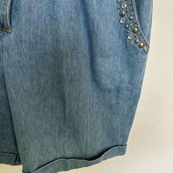 Monique Fashions Women’s Silver Tone Glitzy Studded Denim Short Button Front Rom - Picture 8 of 12